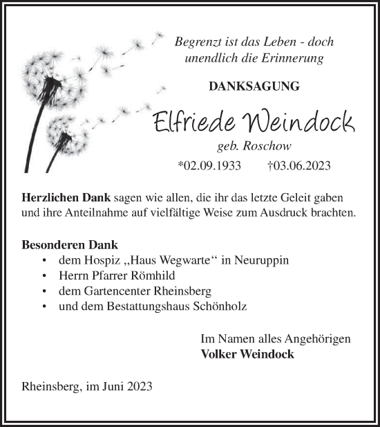 Traueranzeige von Elfriede Weindock von Märkische Oderzeitung