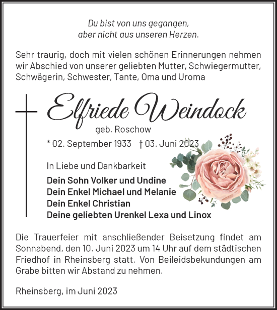 Traueranzeige von Elfriede Weindock von Märkische Oderzeitung