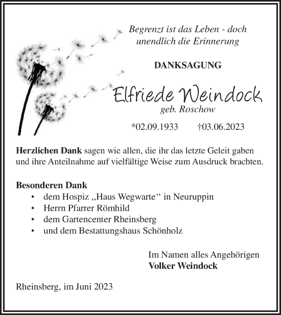 Traueranzeige von Elfriede Weindock von Märkische Oderzeitung