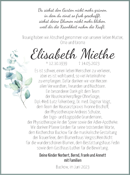 Traueranzeige von Elisabeth Miethe von Märkische Oderzeitung