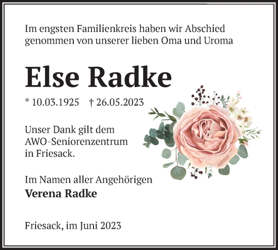 Traueranzeige von Else Radke von Märkische Oderzeitung