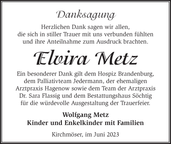 Traueranzeige von Elvira Metz von Märkische Oderzeitung