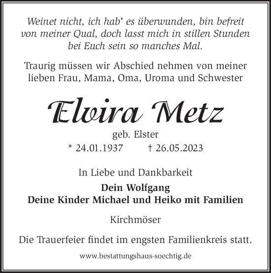 Traueranzeige von Elvira Metz von Märkische Oderzeitung