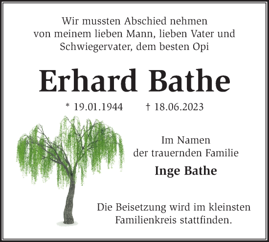 Traueranzeige von Erhard Bathe von Märkische Oderzeitung