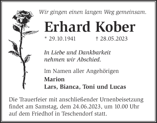 Traueranzeige von Erhard Kober von Märkische Oderzeitung