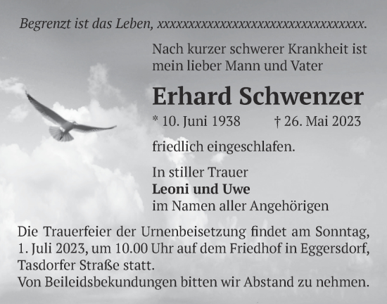 Traueranzeige von Erhard Schwenzer von Märkische Oderzeitung