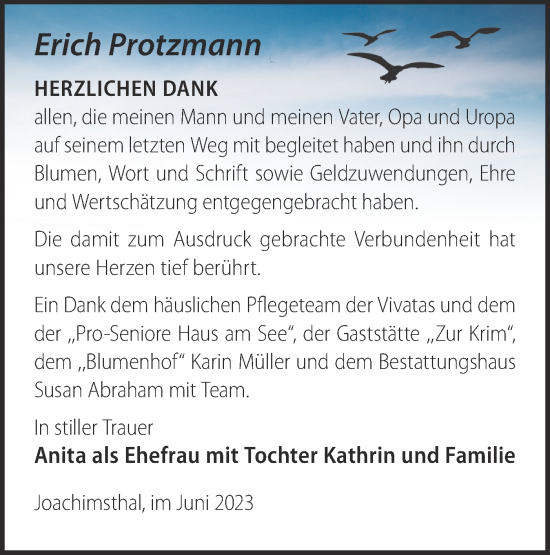 Traueranzeige von Erich Protzmann von Märkische Oderzeitung