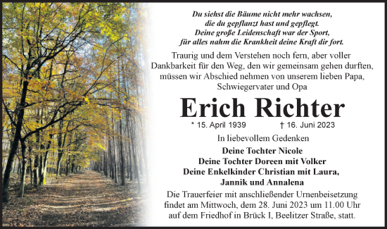 Traueranzeige von Erich Richter von Märkische Oderzeitung