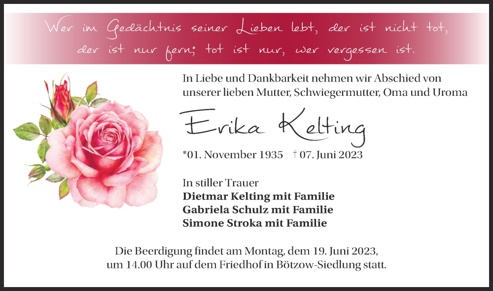  Traueranzeige für Erika Kelting vom 10.06.2023 aus Märkische Oderzeitung