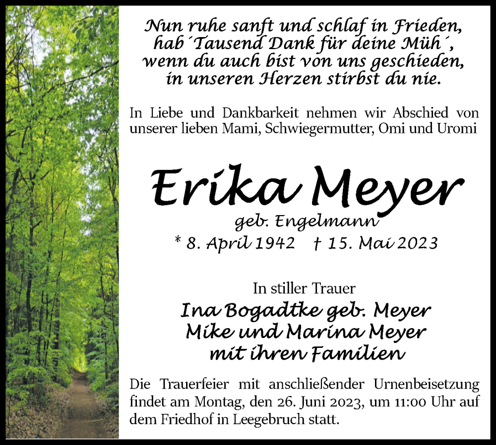 Traueranzeigen von Erika Meyer | Märkische Onlinezeitung Trauerportal