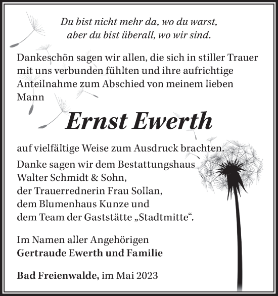 Traueranzeige von Ernst Ewerth von Märkische Oderzeitung