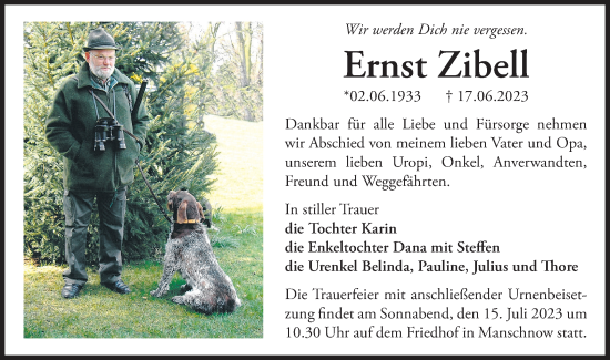 Traueranzeige von Ernst Zibell von Märkische Oderzeitung