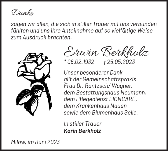 Traueranzeige von Erwin Berkholz von Märkische Oderzeitung