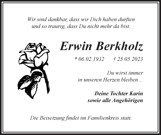 Traueranzeige von Erwin Berkholz von Märkische Oderzeitung