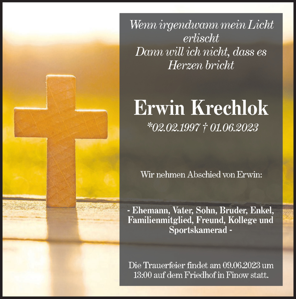  Traueranzeige für Erwin Krechlok vom 06.06.2023 aus Märkische Oderzeitung