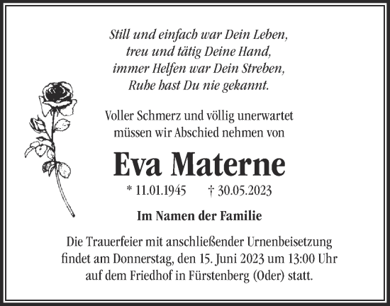 Traueranzeige von Eva Materne von Märkische Oderzeitung