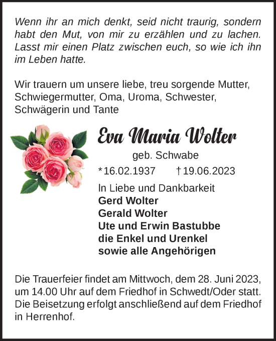 Traueranzeige von Eva Maria Wolter von Märkische Oderzeitung