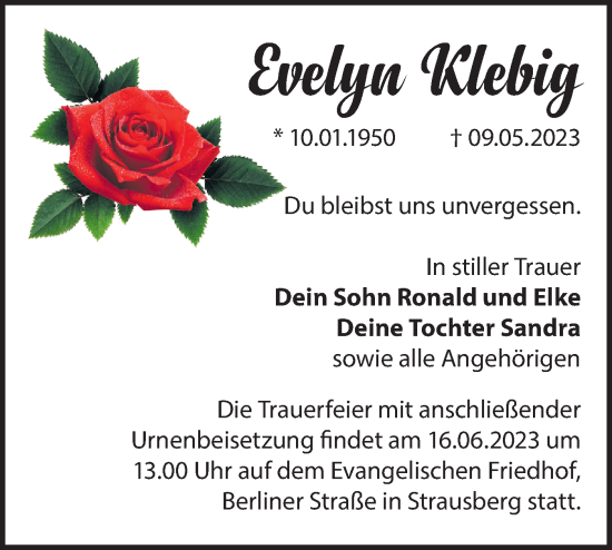 Traueranzeige von Evelyn Klebig von Märkische Oderzeitung