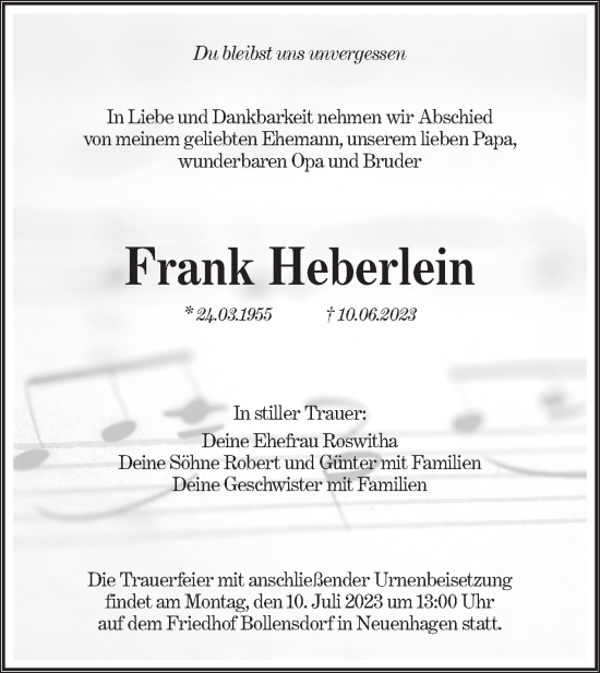 Traueranzeige von Frank Heberlein von Märkische Oderzeitung