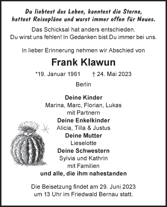 Traueranzeige von Frank Klawun von Märkische Oderzeitung