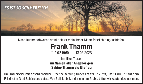 Traueranzeige von Frank Thamm von Märkische Oderzeitung