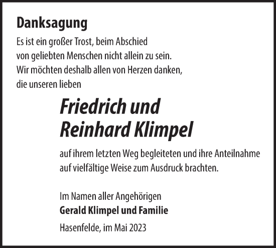 Traueranzeige von Friedrich und Reinhard Klimpel von Märkische Oderzeitung