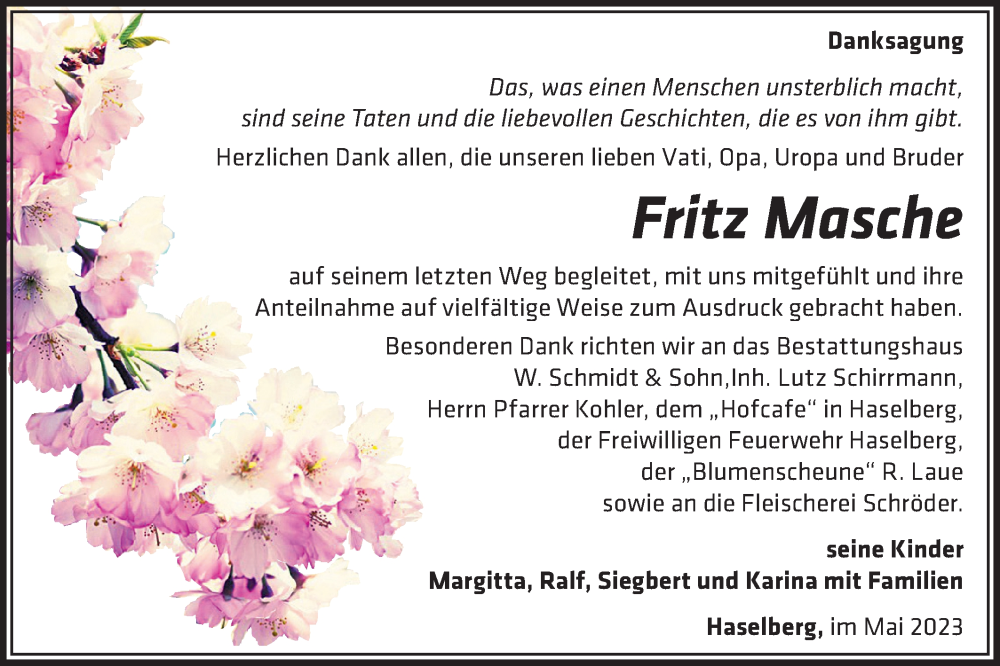  Traueranzeige für Fritz Masche vom 10.06.2023 aus Märkische Oderzeitung