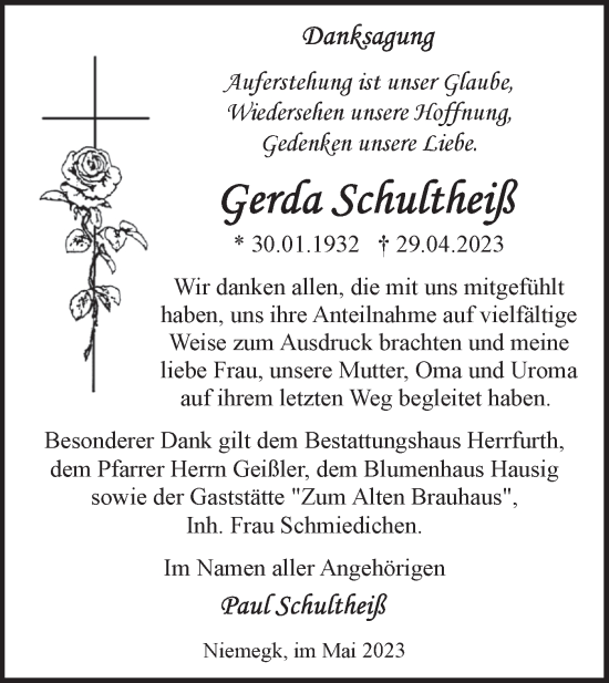 Traueranzeige von Gerda Schultheiß von Märkische Oderzeitung