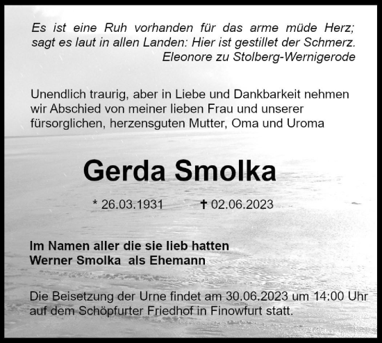 Traueranzeige von Gerda Smolka von Märkische Oderzeitung