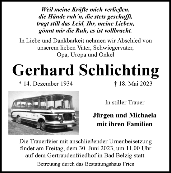 Traueranzeige von Gerhard Schlichting von Märkische Oderzeitung