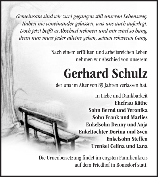 Traueranzeige von Gerhard Schulz von Märkische Oderzeitung
