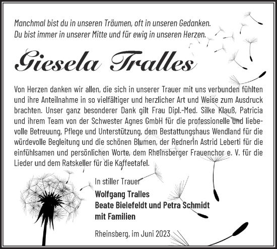 Traueranzeige von Giesela Tralles von Märkische Oderzeitung