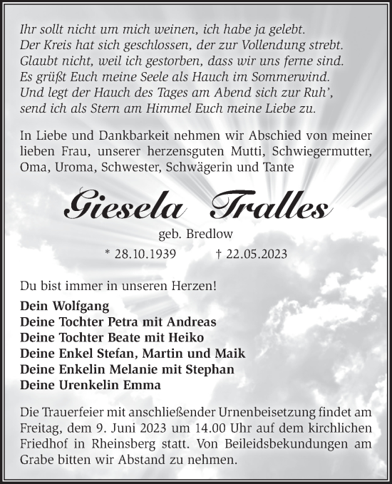 Traueranzeige von Giesela Tralles von Märkische Oderzeitung