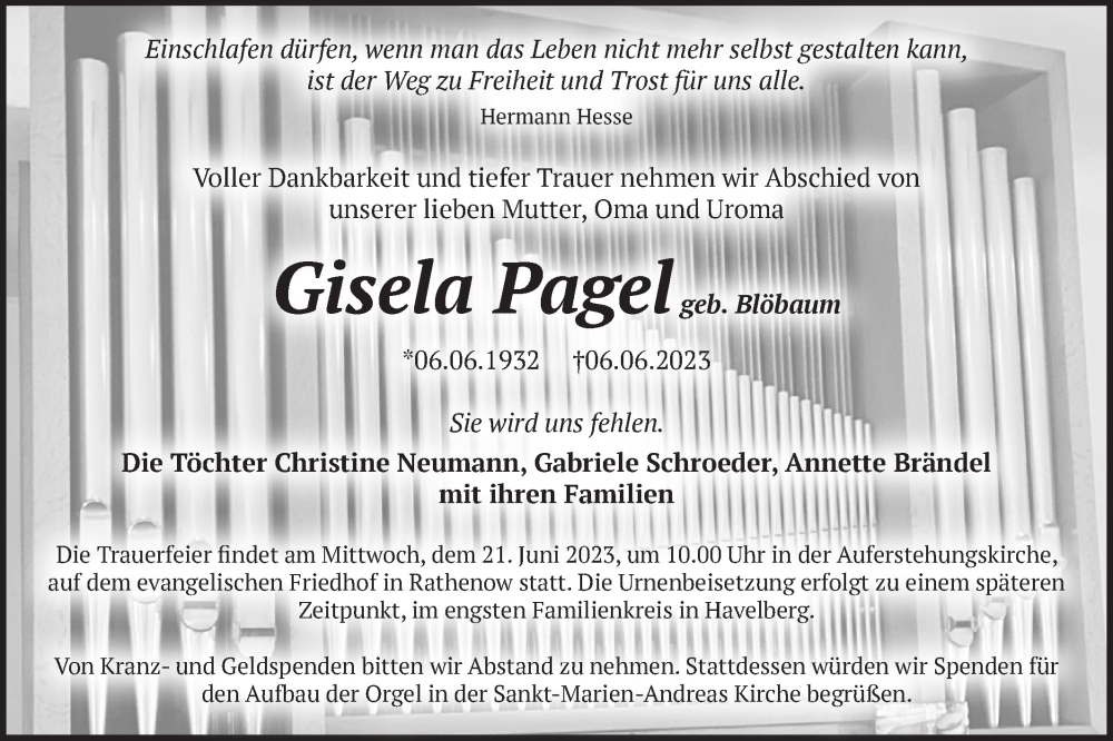  Traueranzeige für Gisela Pagel vom 10.06.2023 aus Märkische Oderzeitung