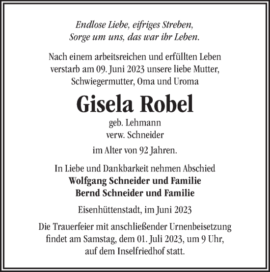 Traueranzeige von Gisela Robel von Märkische Oderzeitung