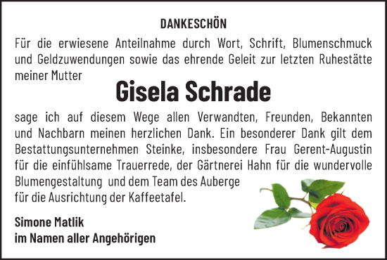 Traueranzeige von Gisela Schrade von Märkische Oderzeitung