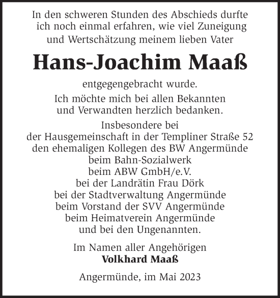 Traueranzeige von Hans-Joachim Maaß von Märkische Oderzeitung