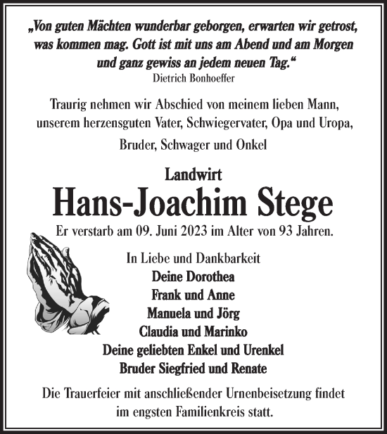 Traueranzeige von Hans-Joachim Stege von Märkische Oderzeitung