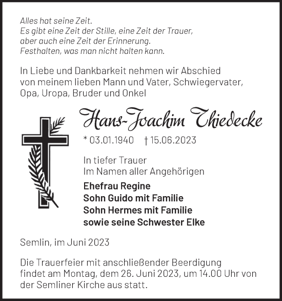 Traueranzeige von Hans-Joachim Thiedecke von Märkische Oderzeitung