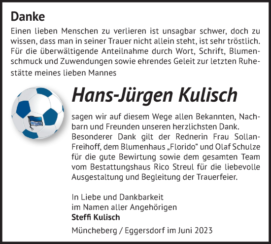 Traueranzeige von Hans-Jürgen Kulisch von Märkische Oderzeitung