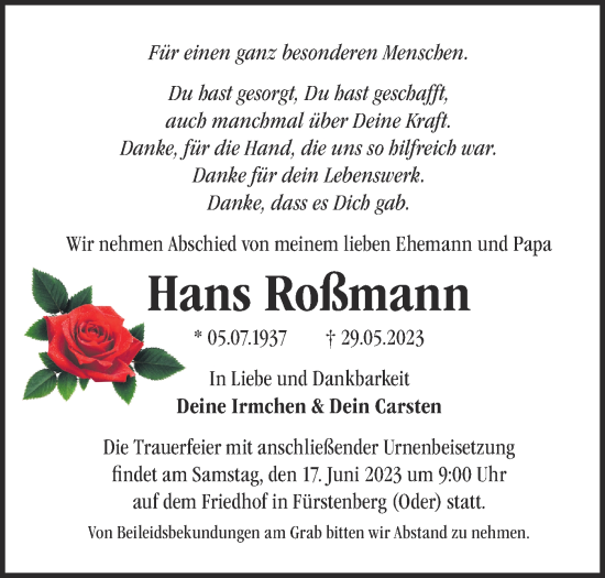 Traueranzeige von Hans Roßmann von Märkische Oderzeitung