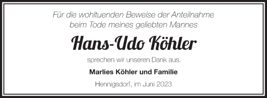 Traueranzeige von Hans-Udo Köhler von Märkische Oderzeitung