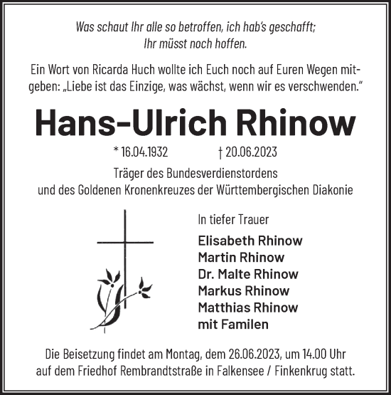 Traueranzeige von Hans-Ulrich Rhinow von Märkische Oderzeitung