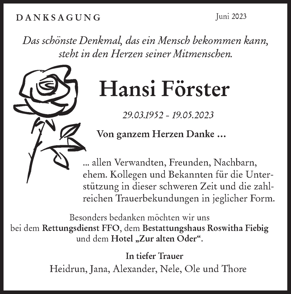  Traueranzeige für Hansi Förster vom 05.06.2023 aus Märkische Oderzeitung