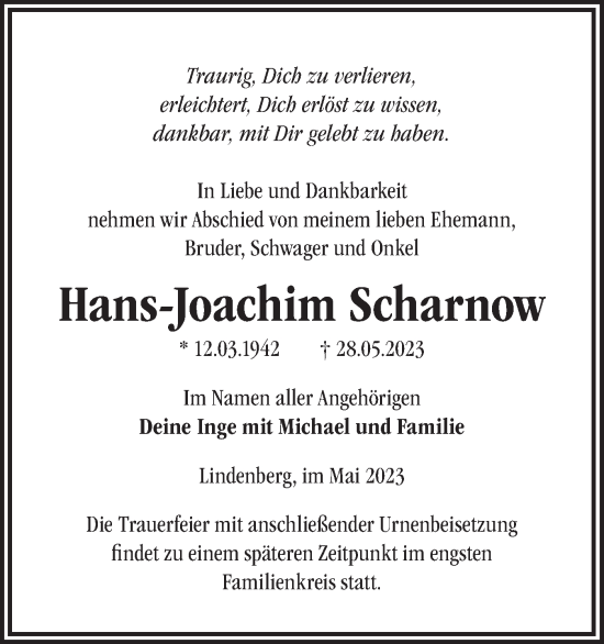 Traueranzeige von Hans Joachim Scharnow von Märkische Oderzeitung