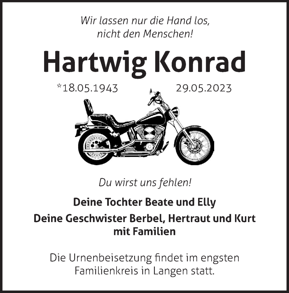  Traueranzeige für Hartwig Konrad vom 03.06.2023 aus Märkische Oderzeitung