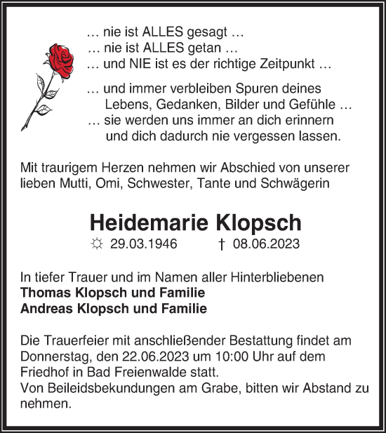 Traueranzeige von Heidemarie Klopsch von Märkische Oderzeitung