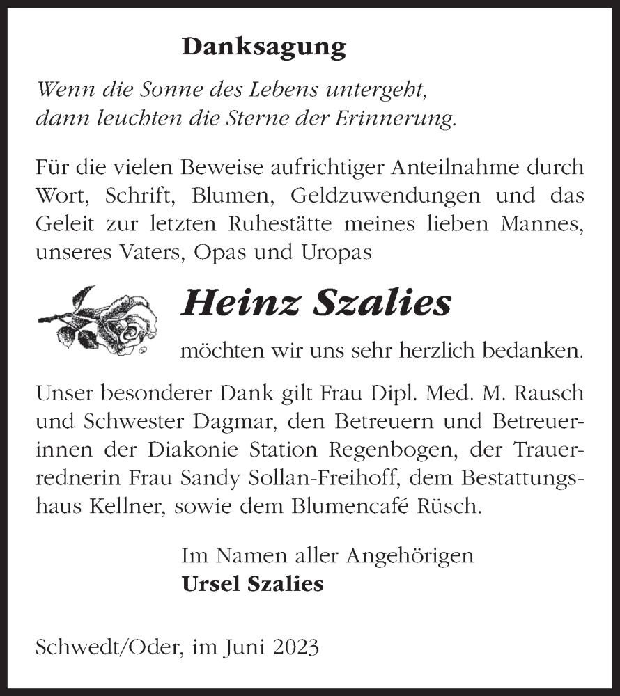  Traueranzeige für Heinz Szalies vom 24.06.2023 aus Märkische Oderzeitung