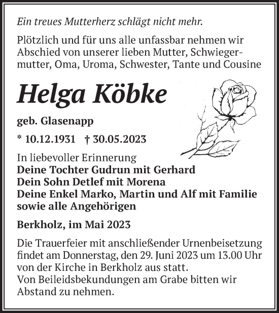 Traueranzeige von Helga Köbke von Märkische Oderzeitung