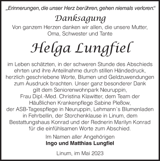 Traueranzeige von Helga Lungfiel von Märkische Oderzeitung